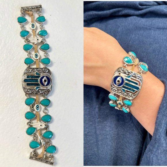 Hamsa Hand Charm with Turquoise pieces | Leather Accent - Picture 1 of 4